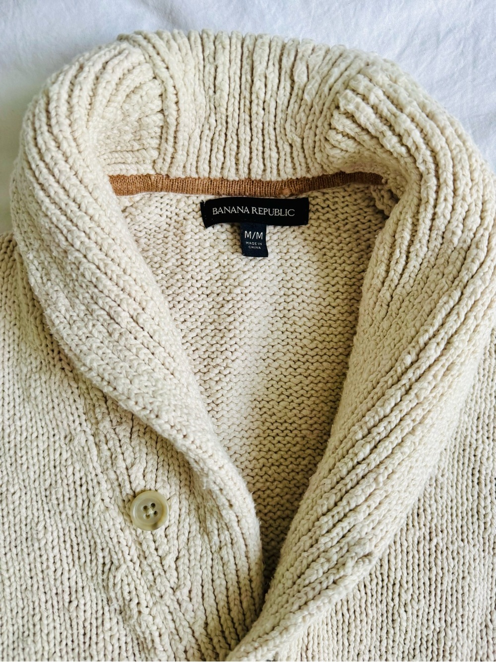 Banana Republic Men's Shawl Collar Cardigan Sweater - Cream/Beige - 100% Cotton - Picture 3 of 6